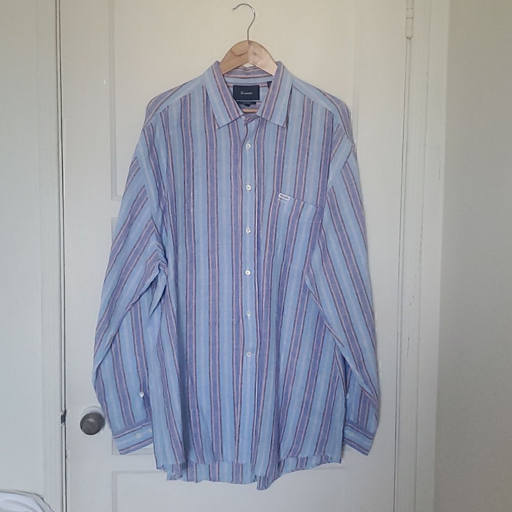 Faconnable Classique Linen Men's Button Down Long Sleeve Shirt Blue Size XXL